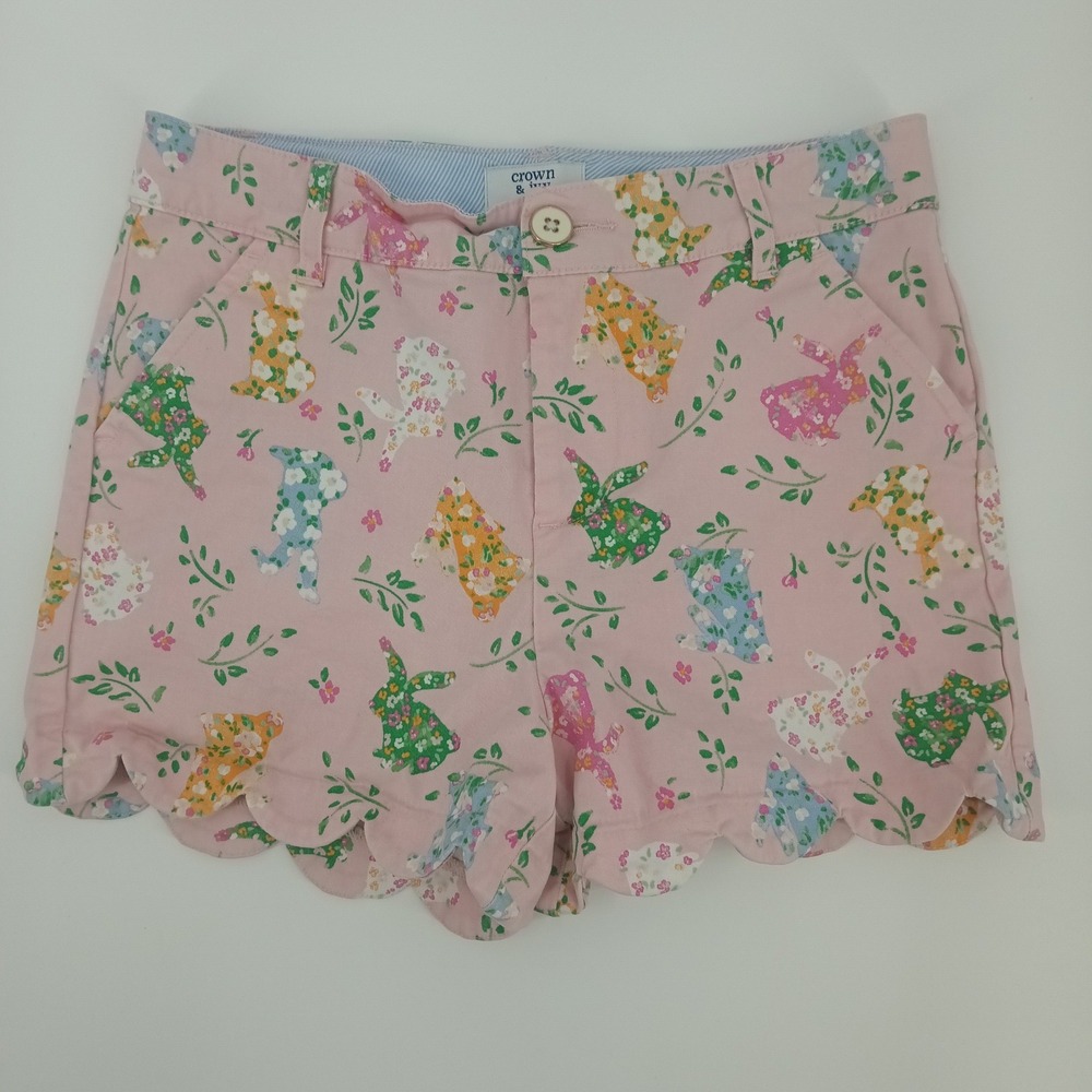 Crown & Ivy Kids Girls Pink Floral Bunny Scallop Hem Shorts Size 12 Adjustable